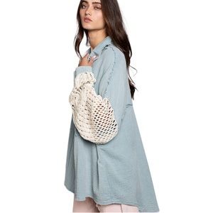 152. Women’s Blue Gauze Crochet Sleeve Oversized Shacket NWOT